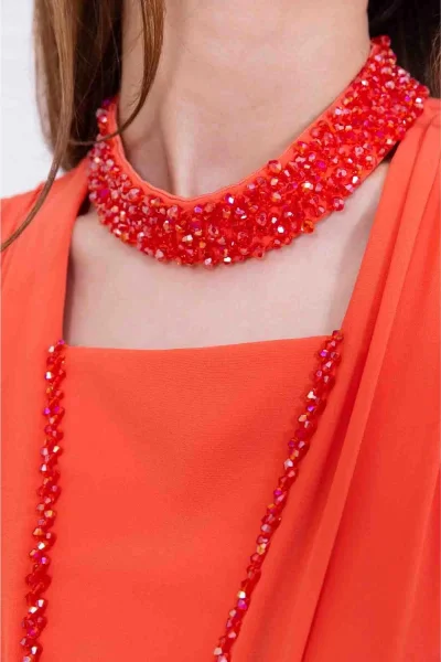 Yaka ve Çiçek Detaylı Abiye Elbise 2740-Oranj