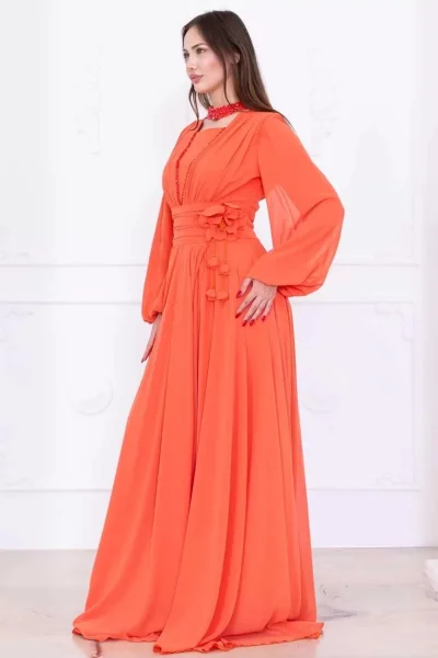 Yaka ve Çiçek Detaylı Abiye Elbise 2740-Oranj