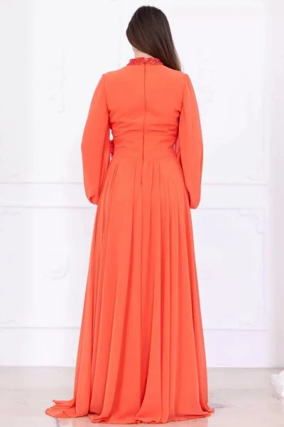 Yaka ve Çiçek Detaylı Abiye Elbise 2740-Oranj