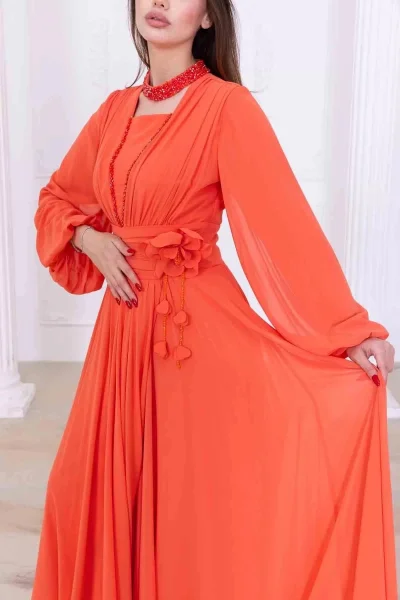 Yaka ve Çiçek Detaylı Abiye Elbise 2740-Oranj