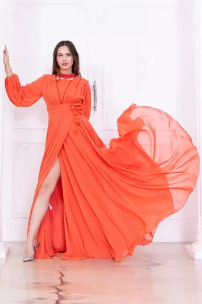 Yaka ve Çiçek Detaylı Abiye Elbise 2740-Oranj