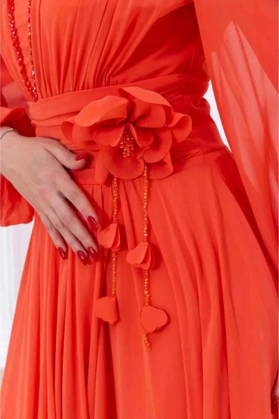 Yaka ve Çiçek Detaylı Abiye Elbise 2740-Oranj