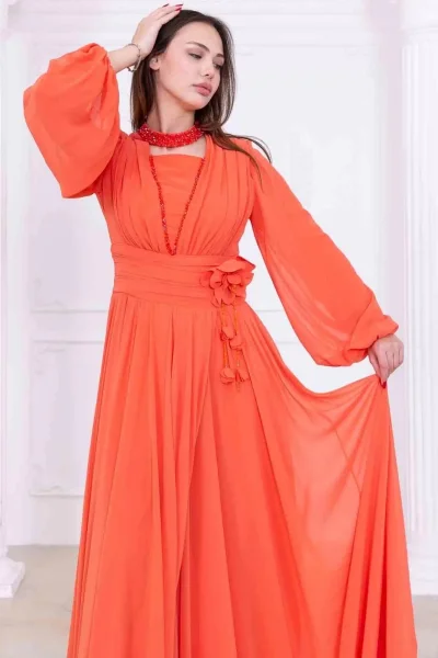 Yaka ve Çiçek Detaylı Abiye Elbise 2740-Oranj