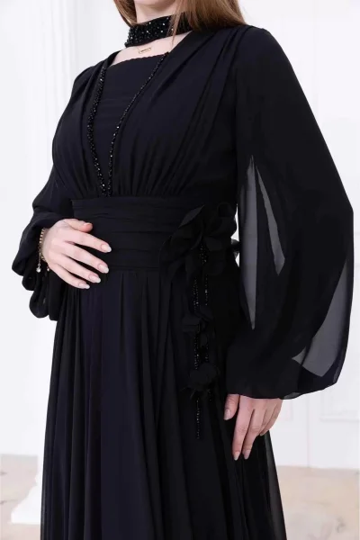 Yaka ve Çiçek Detaylı Abiye Elbise 2740-Siyah