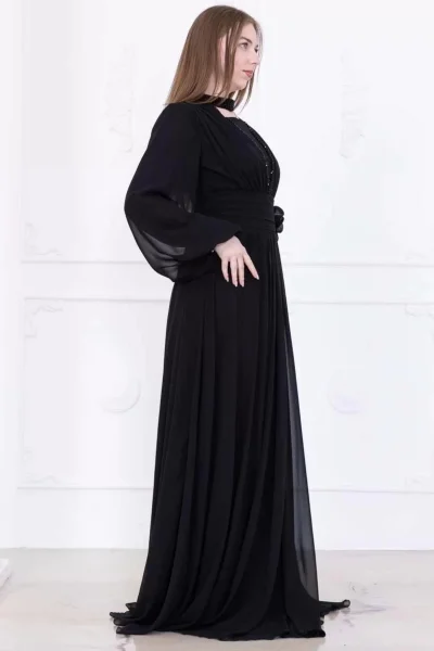 Yaka ve Çiçek Detaylı Abiye Elbise 2740-Siyah