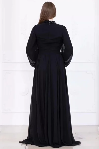 Yaka ve Çiçek Detaylı Abiye Elbise 2740-Siyah