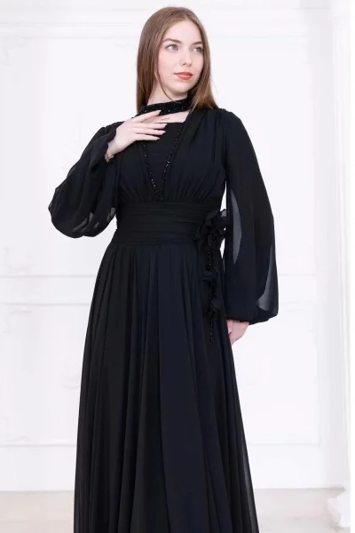 Yaka ve Çiçek Detaylı Abiye Elbise 2740-Siyah