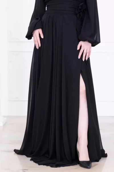 Yaka ve Çiçek Detaylı Abiye Elbise 2740-Siyah