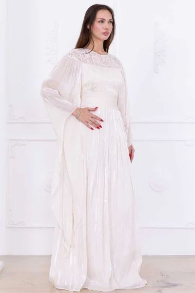 Dantel ve Pelerin Detaylı İşlemeli Abiye Elbise 2762-Bej