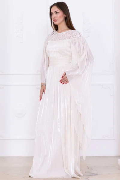 Dantel ve Pelerin Detaylı İşlemeli Abiye Elbise 2762-Bej