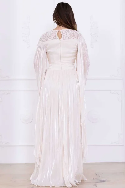 Dantel ve Pelerin Detaylı İşlemeli Abiye Elbise 2762-Bej