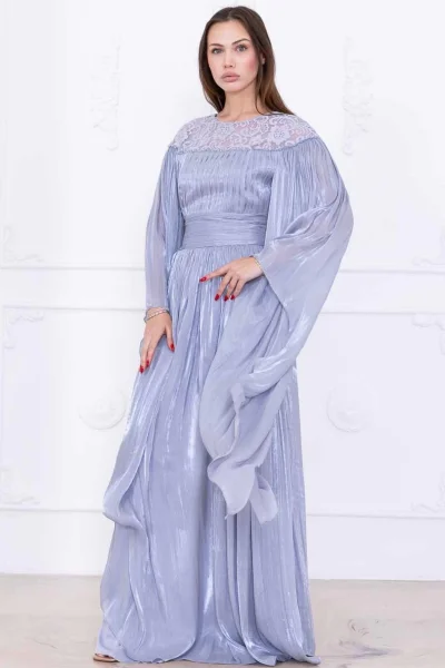 Dantel ve Pelerin Detaylı İşlemeli Abiye Elbise 2762-Gri