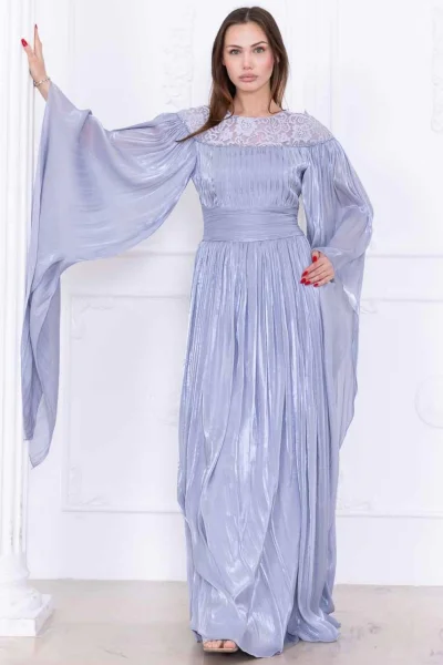 Dantel ve Pelerin Detaylı İşlemeli Abiye Elbise 2762-Gri