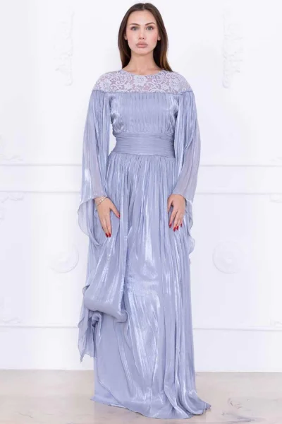 Dantel ve Pelerin Detaylı İşlemeli Abiye Elbise 2762-Gri