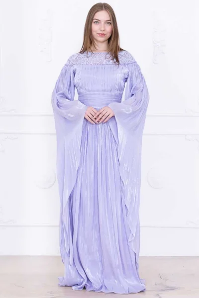 Dantel ve Pelerin Detaylı İşlemeli Abiye Elbise 2762-Lila