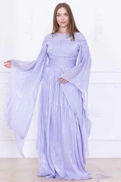 Dantel ve Pelerin Detaylı İşlemeli Abiye Elbise 2762-Lila