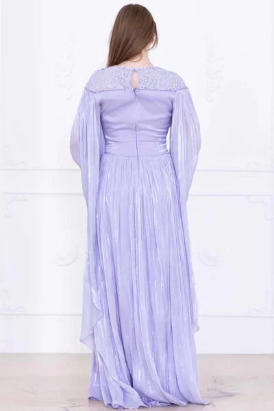 Dantel ve Pelerin Detaylı İşlemeli Abiye Elbise 2762-Lila