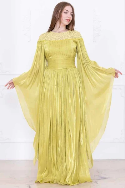 Dantel ve Pelerin Detaylı İşlemeli Abiye Elbise 2762-Olive