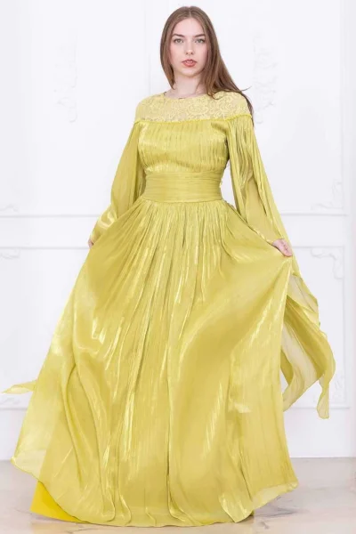 Dantel ve Pelerin Detaylı İşlemeli Abiye Elbise 2762-Olive