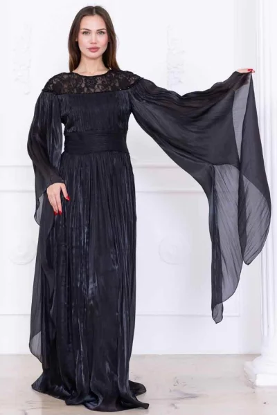 Dantel ve Pelerin Detaylı İşlemeli Abiye Elbise 2762-Siyah