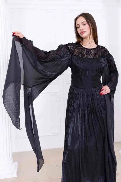 Dantel ve Pelerin Detaylı İşlemeli Abiye Elbise 2762-Siyah