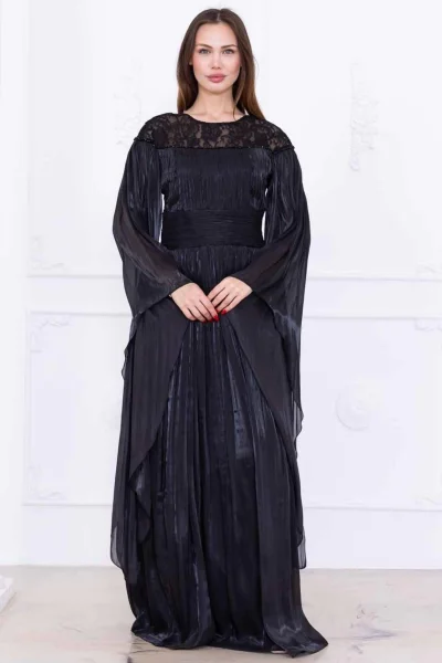 Dantel ve Pelerin Detaylı İşlemeli Abiye Elbise 2762-Siyah