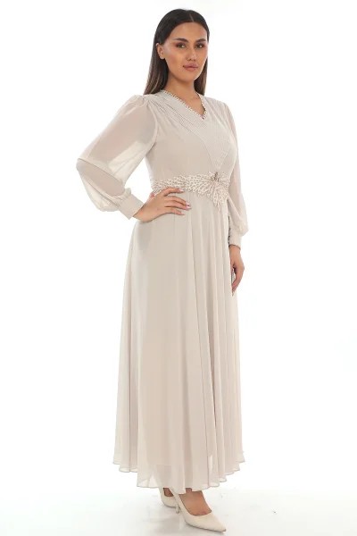 Plise Ve Boncuk Detaylı Büyük Beden Elbise 2213- Bej