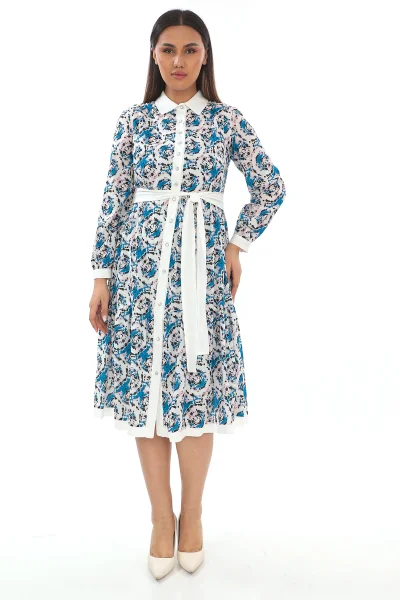 Bağlama Detaylı Gömlek Yaka Büyük Beden Elbise 2214-Mavi