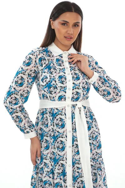 Bağlama Detaylı Gömlek Yaka Büyük Beden Elbise 2214-Mavi