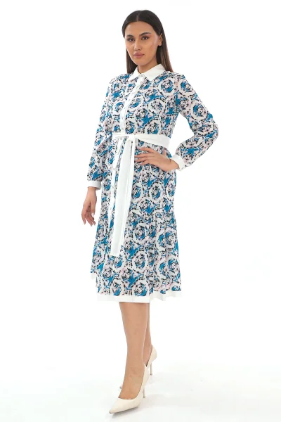 Bağlama Detaylı Gömlek Yaka Büyük Beden Elbise 2214-Mavi