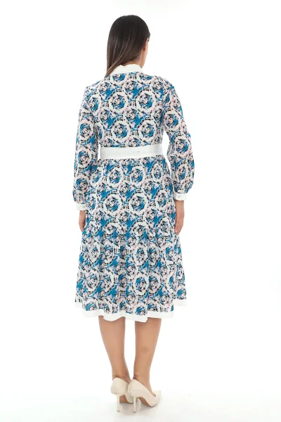 Bağlama Detaylı Gömlek Yaka Büyük Beden Elbise 2214-Mavi