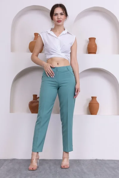 Cep Detaylı Bilek Boy Kadın Kumaş Pantolon 0101-Çağla Yeşili