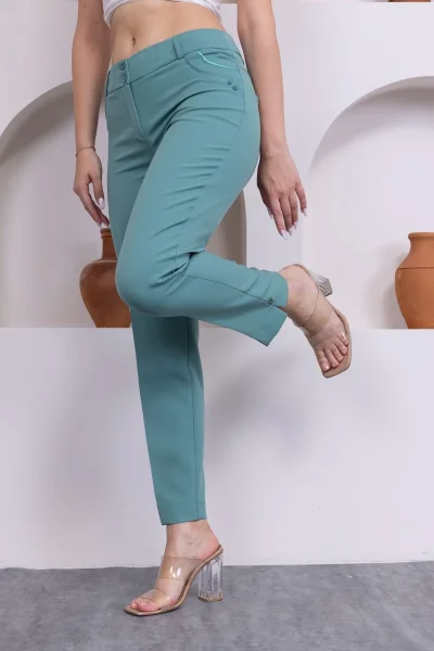 Cep Detaylı Bilek Boy Kadın Kumaş Pantolon 0101-Çağla Yeşili