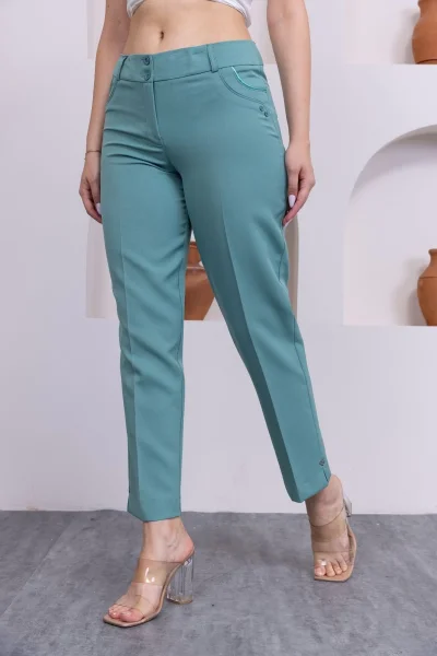 Cep Detaylı Bilek Boy Kadın Kumaş Pantolon 0101-Çağla Yeşili