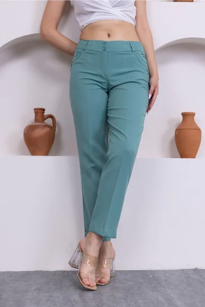 Cep Detaylı Bilek Boy Kadın Kumaş Pantolon 0101-Çağla Yeşili