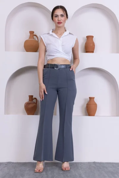 Kemerli İspanyol Paça KadınKumaş Pantolon 314-Gri