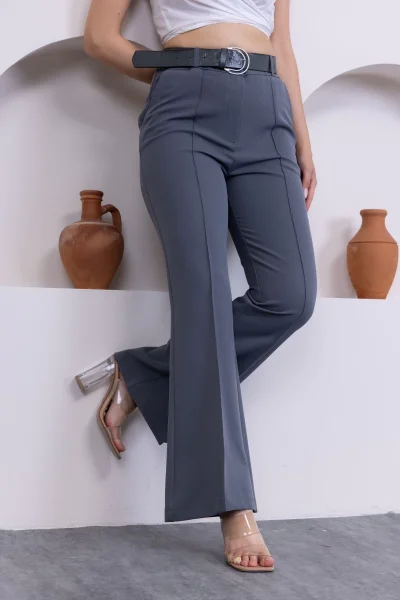 Kemerli İspanyol Paça KadınKumaş Pantolon 314-Gri