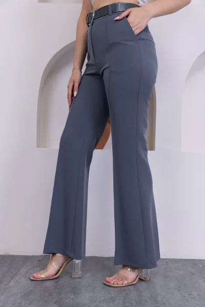 Kemerli İspanyol Paça KadınKumaş Pantolon 314-Gri