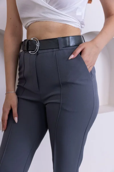 Kemerli İspanyol Paça KadınKumaş Pantolon 314-Gri