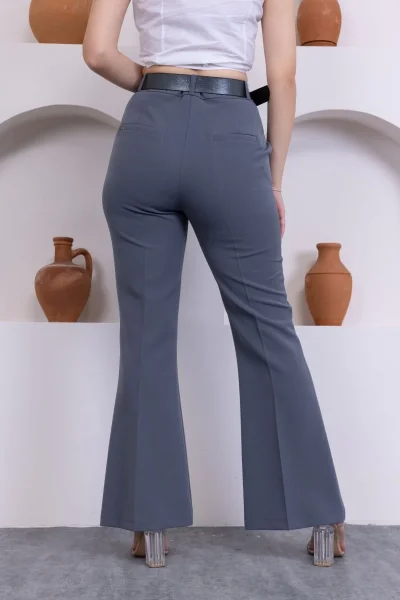Kemerli İspanyol Paça KadınKumaş Pantolon 314-Gri