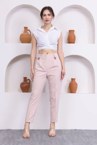 Pile Detaylı Duble Paça Kadın Kumaş Pantolon 324-Bej