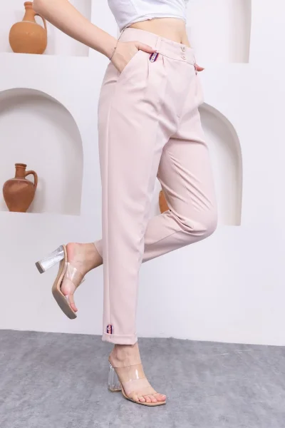Pile Detaylı Duble Paça Kadın Kumaş Pantolon 324-Bej