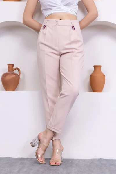Pile Detaylı Duble Paça Kadın Kumaş Pantolon 324-Bej