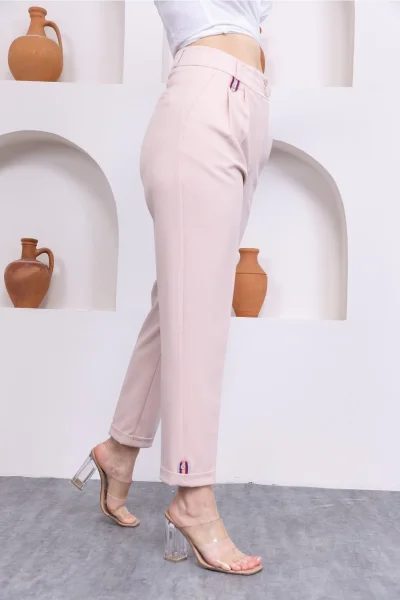 Pile Detaylı Duble Paça Kadın Kumaş Pantolon 324-Bej