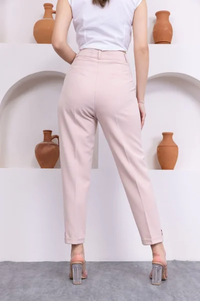 Pile Detaylı Duble Paça Kadın Kumaş Pantolon 324-Bej