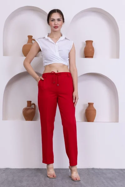 Bağlama Detaylı Beli Lastikli Kadın Kumaş Pantolon 326-Kırmızı