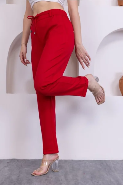 Bağlama Detaylı Beli Lastikli Kadın Kumaş Pantolon 326-Kırmızı