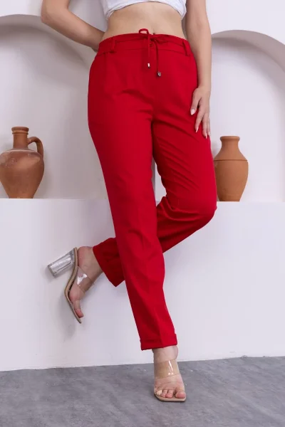 Bağlama Detaylı Beli Lastikli Kadın Kumaş Pantolon 326-Kırmızı