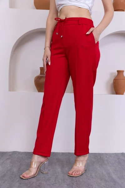 Bağlama Detaylı Beli Lastikli Kadın Kumaş Pantolon 326-Kırmızı