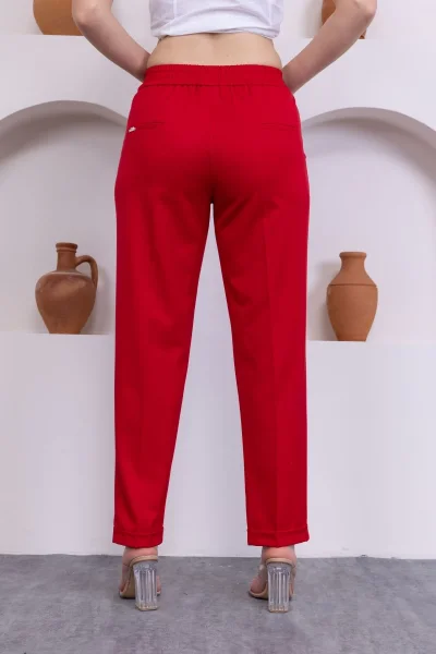 Bağlama Detaylı Beli Lastikli Kadın Kumaş Pantolon 326-Kırmızı